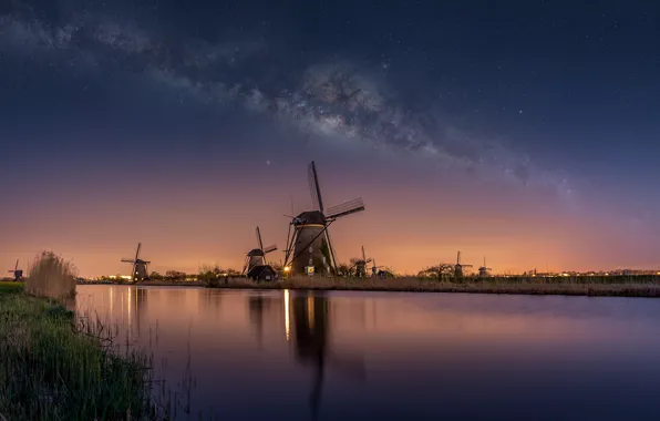 Картинка небо, вода, звезды, ночь, река, канал, Нидерланды, млечный путь