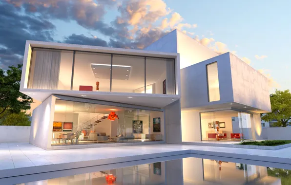 Небо, бассейн, окно, лестница, pool, особняк, luxury, mansion