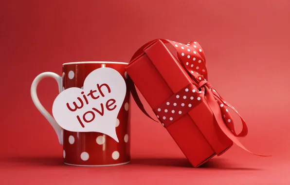 Подарок, романтика, сердца, лук, чашки, День святого Валентина, настоящее, cup