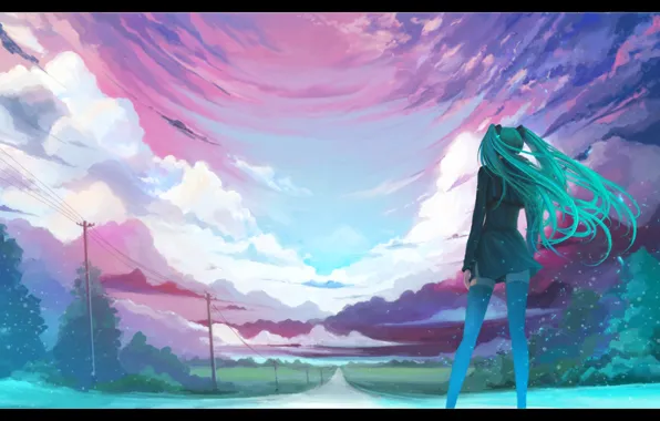 Дорога, девушка, Vocaloid, длинные волосы, вокалоид, Miku hatsune