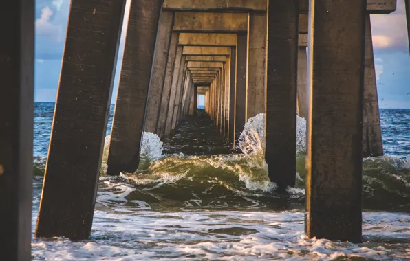 Ocean, water, foam, row, bay, columns, construction, underneath