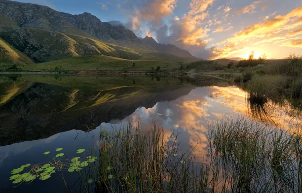 Горы, озеро, отражение, восход, Южная Африка
