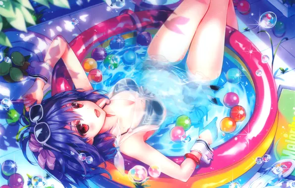 Вода, девушка, радость, пузыри, аниме, бассейн, арт, очки