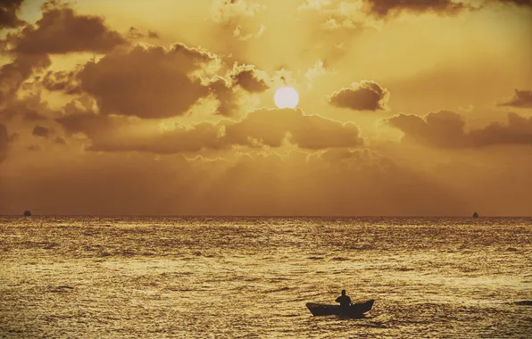 Картинка море, солнце, облака, закат, рыбак, лодки, горизонт, каноэ