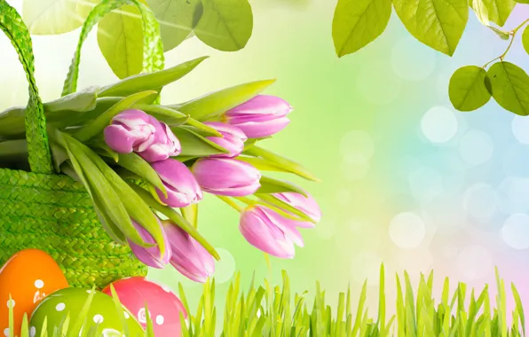 Картинка трава, листья, цветы, весна, Пасха, тюльпаны, яиц, Easter