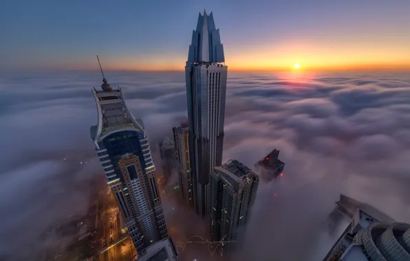 Город, туман, Дубай, высотки, ОАЭ, макушки