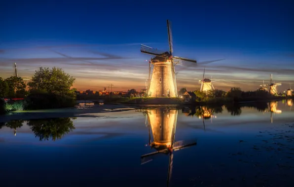 Свет, ночь, вечер, Нидерланды, Голландия, ветряные мельницы