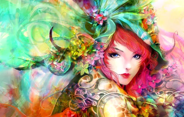 Картинка взгляд, девушка, арт, живопись, красные волосы, лицо. цветы