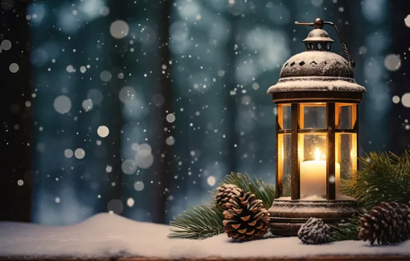 Картинка зима, снег, ночь, Рождество, фонарь, Новый год, Christmas, night