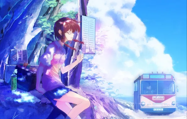 Картинка девушка, деревья, аниме, наушники, арт, форма, автобус, школьница
