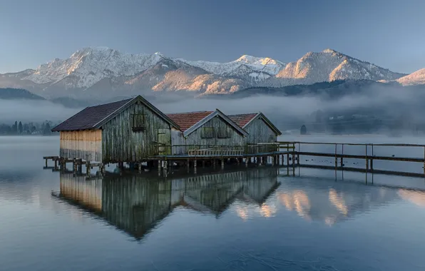 Картинка небо, горы, озеро, утро, Германия, Бавария, лодочные домики