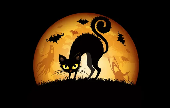 Картинка кошка, трава, Луна, Halloween, Хэллоуин, призраки, летучие мыши