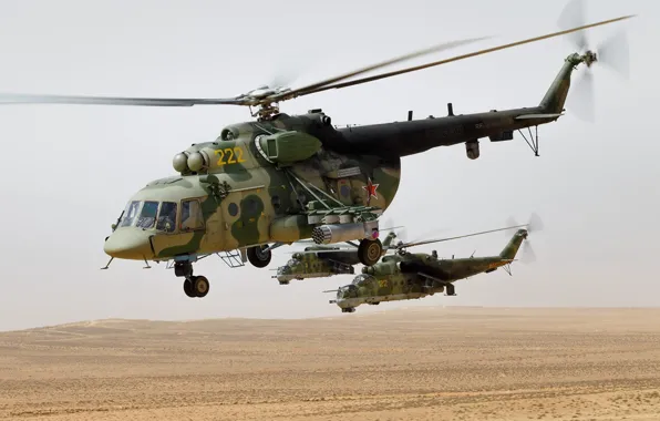 Картинка пустыня, полёт, вертолёты, Ми-8АМТШ, Ми-24П