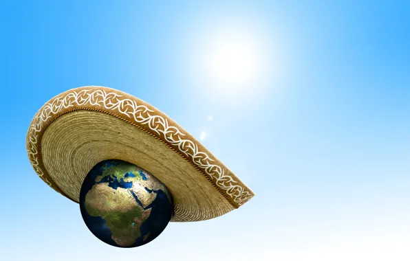 Картинка солнце, жара, планета, шляпа, изменение климата, потепление