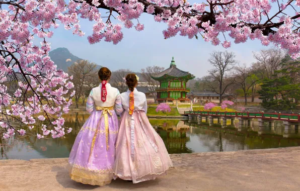 Картинка Девушки, Мост, Весна, South Korea, Сеул, Spring, Seoul, Южная Корея