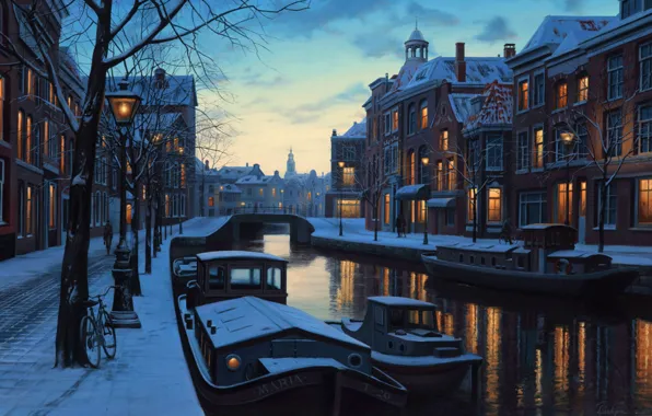 Картинка зима, снег, мост, велосипед, lights, огни, река, дома