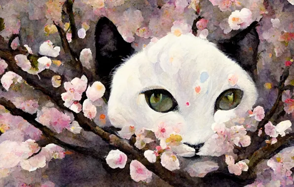 Кошка, кот, взгляд, цветы, весна, сакура, арт, мордочка