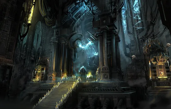 Картинка замок, человек, сооружение, свечи, портал, арт, электричество, колонны