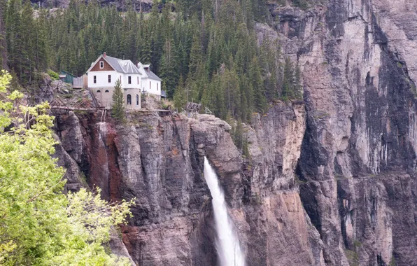 House, mountain, waterfall, Colorado, Bridal Veil Falls, tallest free falling