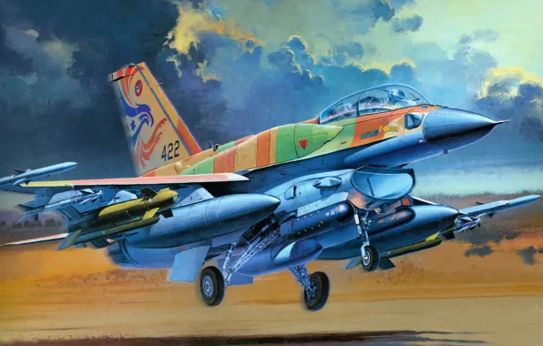 Картинка авиация, истребитель, самолёт, взлёт, F-16, ф-16
