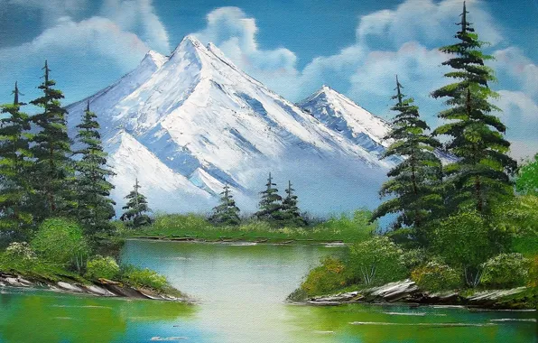 Картинка деревья, пейзаж, горы, озеро, картина