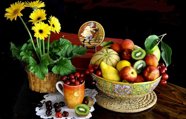 Картинка цветы, ягоды, стол, чашка, миска, фрукты, натюрморт, дыня