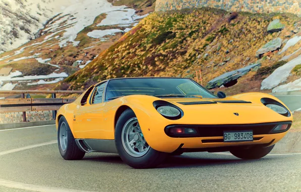 Цвет, Авто, Дорога, Горы, Желтый, Lamborghini, Скалы, Снег