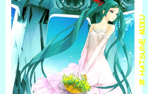 Vocaloid, Hatsune Miku, вокалоид, голубые волосы, оборки, Хатсуне Мику, белый сарафан, перчатки локтя