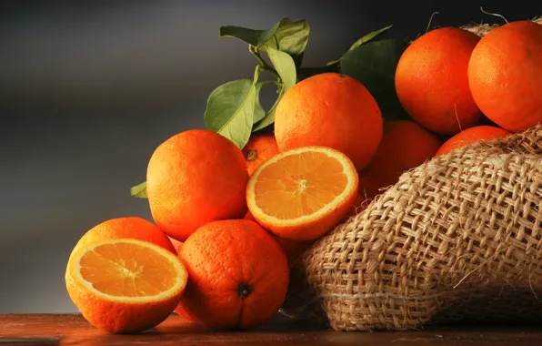 Картинка листья, апельсины, фрукты, мешок, цитрусы