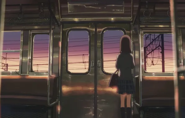 Картинка девушка, закат, провода, поезд, аниме, арт, вагон, школьница