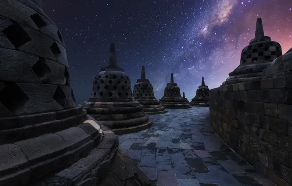 Небо, звезды, ночь, Индонезия, храм, Ява, Боробудур