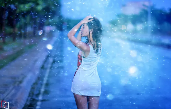Картинка девушка, дождь, настроение, улица, азиатка