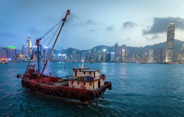 Картинка город, корабль, Hong Kong Bay