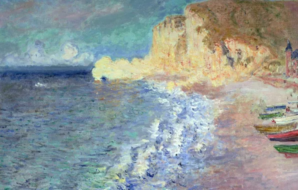 Картинка море, пейзаж, берег, картина, лодки, Клод Моне, Утро в Этрета
