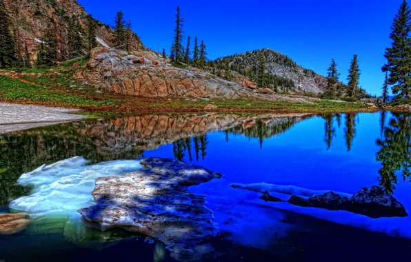 Деревья, озеро, зеленая трава, льды, ice, trees, lake, валуны