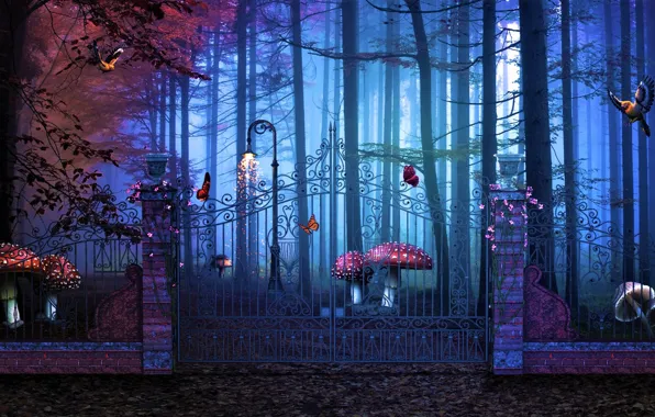 Лес, грибы, ворота, Magical Gate To Artistic Forest