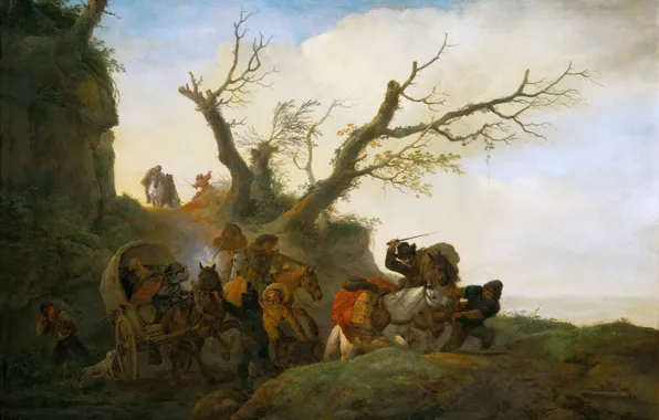 Картинка пейзаж, люди, картина, повозка, жанр, Attack on a group of travellers, Philips Wouwerman