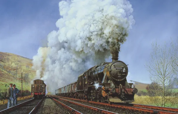 Картинка природа, дым, рельсы, Поезд, мужчины