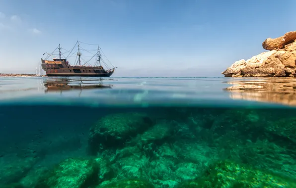 Картинка море, природа, скала, корабль, Европа, Хорваия