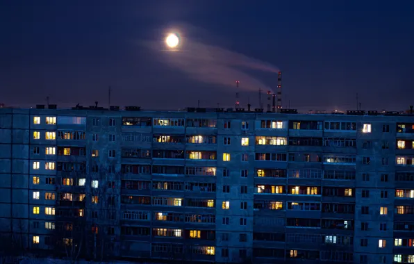 Ночь, дом, серость, обыденность, Россия, панельный, бытия, за МКАДом