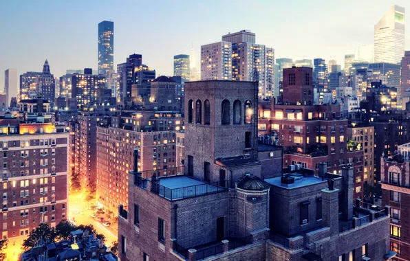 Огни, сумерки, нью-йорк, New York City, usa, nyc, Twilight, Upper East Side