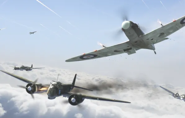 Картинка aviation, ww2, ju-88, spitfire, airplane, dogfight, aircraft, war