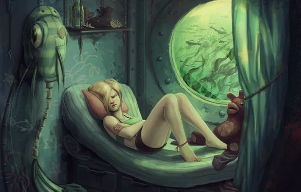 Картинка девушка, рыбы, корабль, арт, спит, иллюминатор, под водой