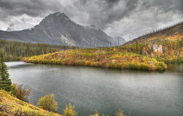 Осень, небо, трава, деревья, горы, тучи, река