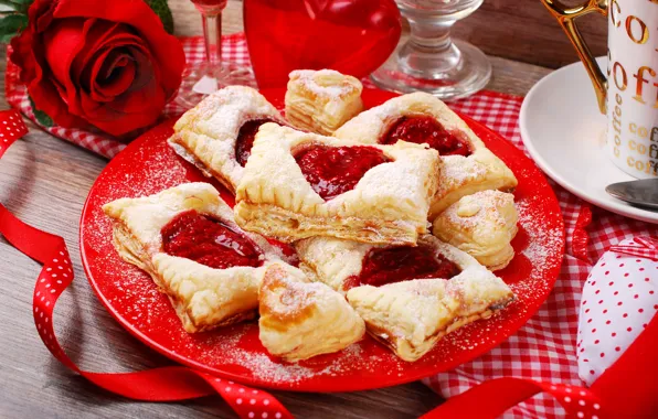 Романтика, роза, кофе, печенье, тарелка, лента, Roses, выпечка