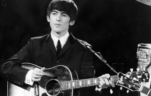 Музыка, гитара, ч/б, гитарист, The Beatles, битлз, George Harrison, Джордж Харрисон
