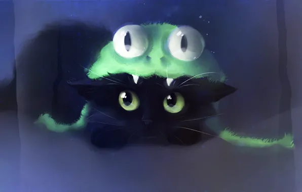 Картинка кошка, кот, взгляд, котенок, шапка, рисунок, лягушка, художник