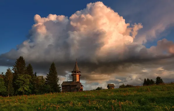 Картинка трава, облака, деревья, пейзаж, тучи, природа, Кижи, церквушка