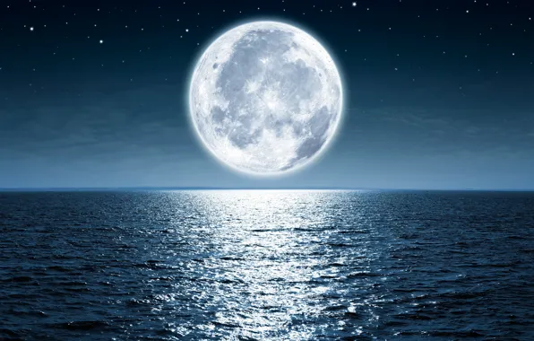 Moon, ocean, water, night