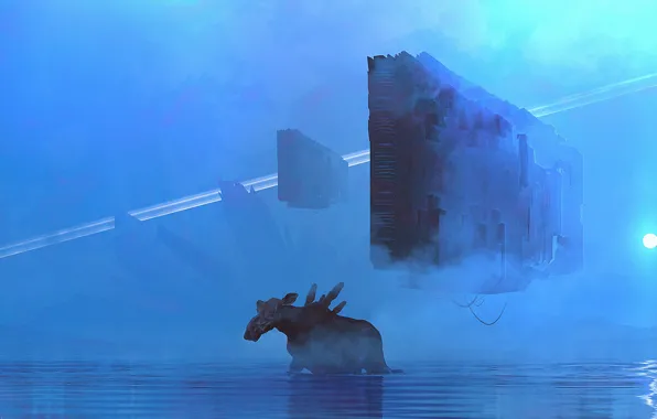 Небо, вода, горы, туман, звезда, сооружения, лось, neo genesis